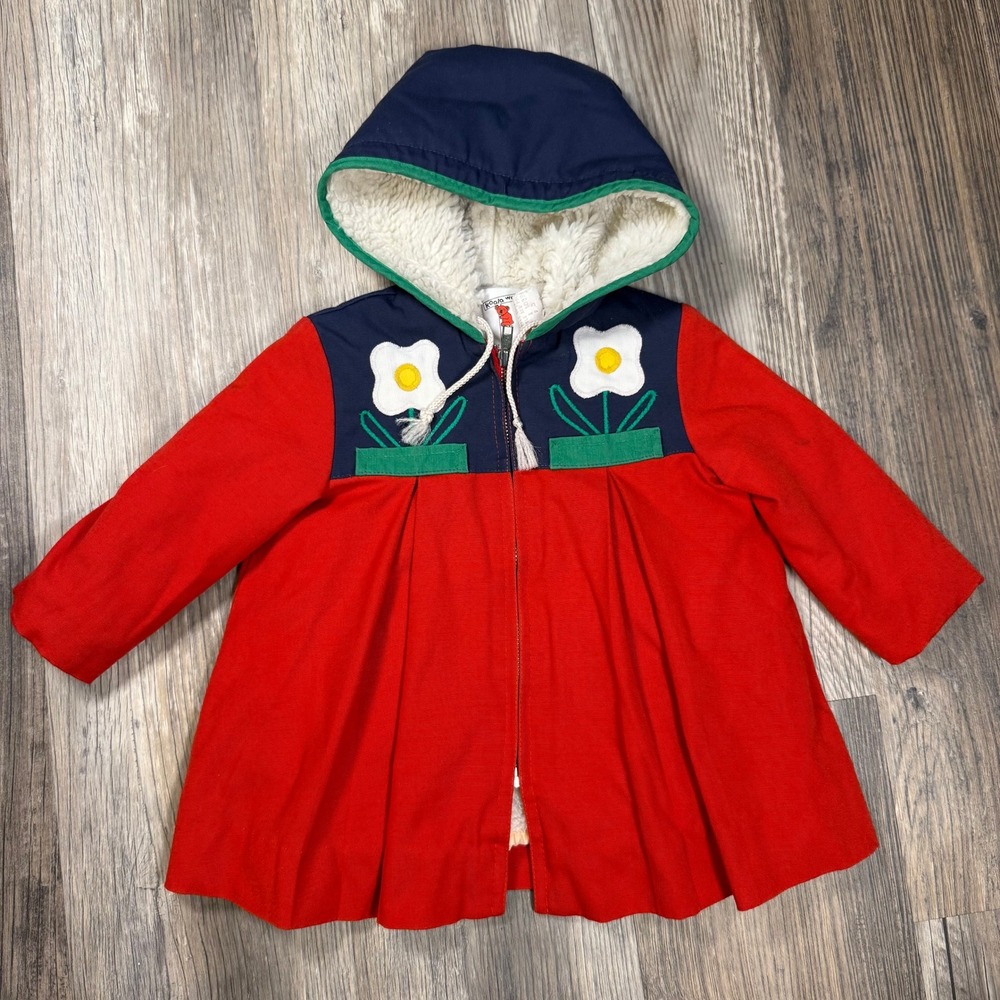 Vintage Koala Way Kids Red Navy Sherpa Lined Floral Applique Hooded Coat Size 3
